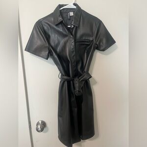 H&M Black Faux Leather Belted Dress
